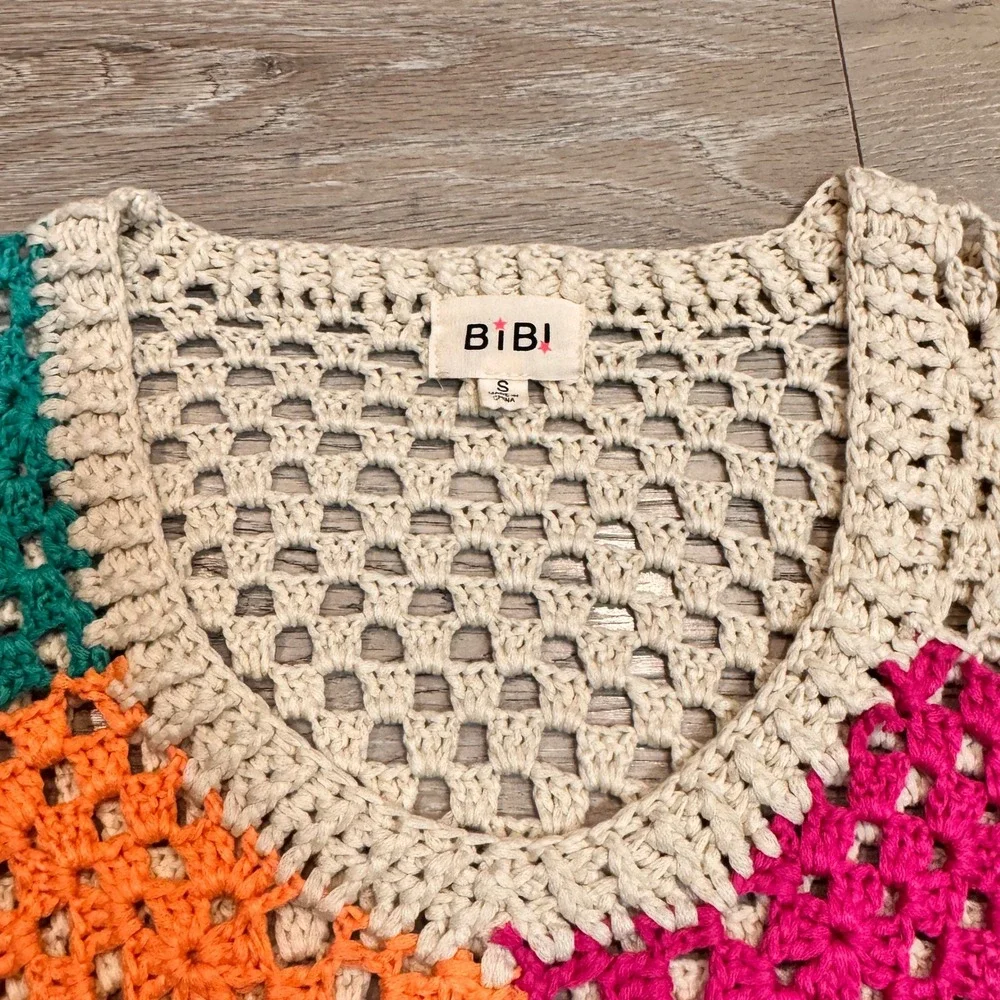 BiBi Crochet Patchwork Granny‎ Square Sweater V-Neck Multi-Color Boho Small S - Picture 3 of 6